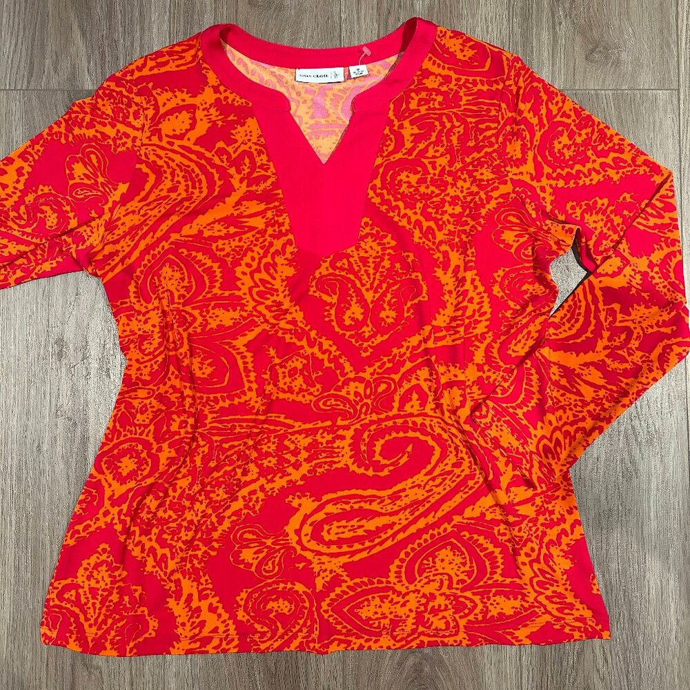 Orange and Red Patterned V-Neck Blouse | Size M